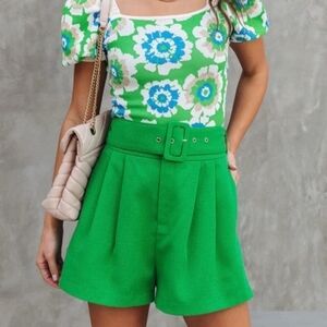 Vici Green Pocketed High Waisted Belted Shorts